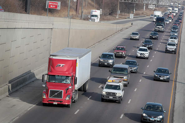 A truck heading out of Chicago on I-55