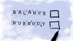 Image illustrating collective burnout with checkboxes for "balance" and "burnout"