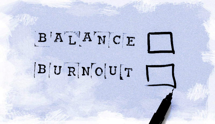 Image illustrating collective burnout with checkboxes for "balance" and "burnout"