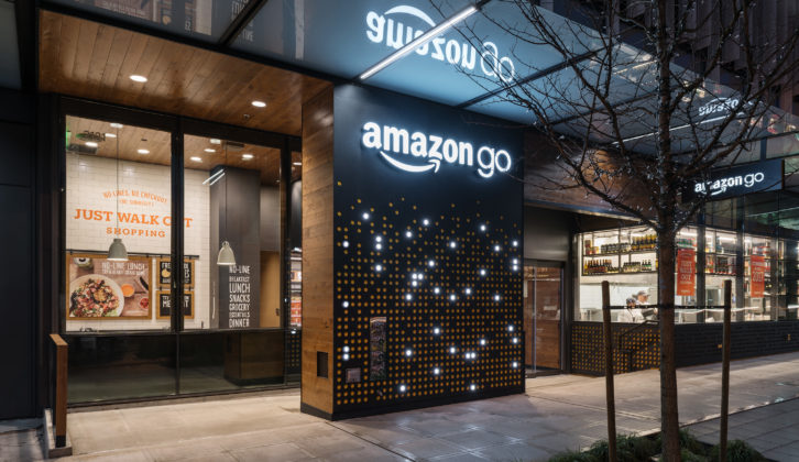 The outside of an Amazon Go store -- What is the Amazon retail game plan?