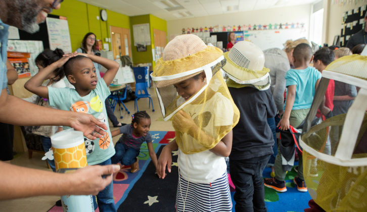 joyful learning student wearing bee-protection head covering