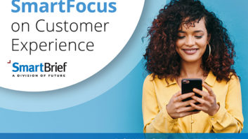 Girl looking at phone: SmartFocus on Customer Experience by SmartBrief, a division of Future