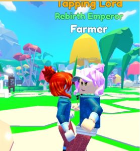 Screenshot for leadership lesson of two cartoon characters hugging in Roblox "Tapping Simulator" game.