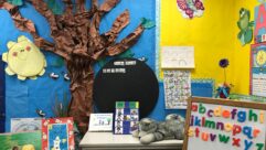 colorful classroom with walls in blue and yellow, with paper tree on wall and lots of activities for article on classroom management