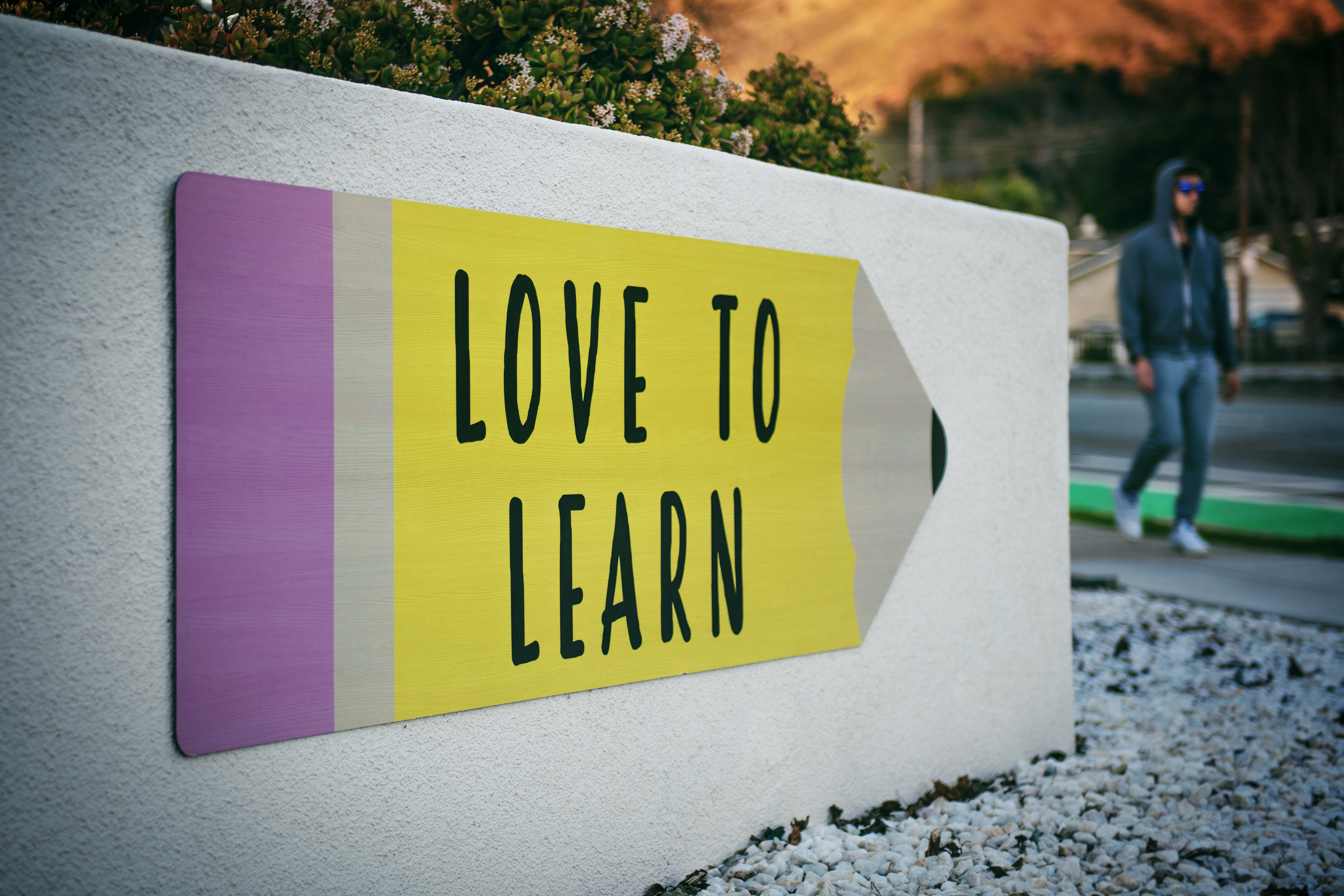 White wall with artwork of huge yellow pencil with "love to learn" written on it for article on language learning