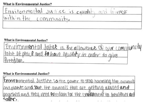 Student definitions of environmental justice from Howard University Middle School of Math and Science after participating in the program from the Smithsonian Science Education Center for article on Smithsonian educators.