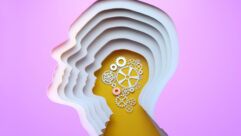 Digital generated image of multi layered head silhouette with gears inside on yellow background. for article on lessons learned