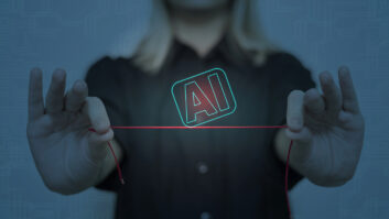 Woman's hands hold AI symbol balancing on a thread.Service of Ai Concept for article on AI writing