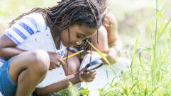Student squatting in tall grass with magnifying glass looking at something on the ground. for article on taking STEM outdoors