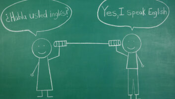 simplistic chalkboard drawing of boy and girl using tin cans connected by a string, with speech bubbles saying "Habla usted ingles?" and "Yes, I speak Spanish." for article on dual language programs in school