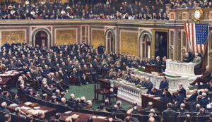 President Woodrow Wilson addresses Congress to declare war on Germany in World War One 1917. (Photo by: Universal History Archive/Universal Images Group via Getty Images) for WWI article